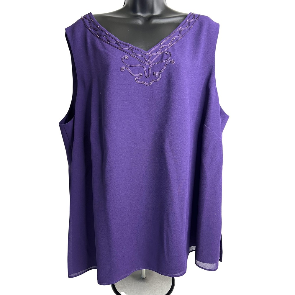 R&M Richards Blouse Womens 24W Purple Beaded V-Neck Sleeveless Embellished Lined